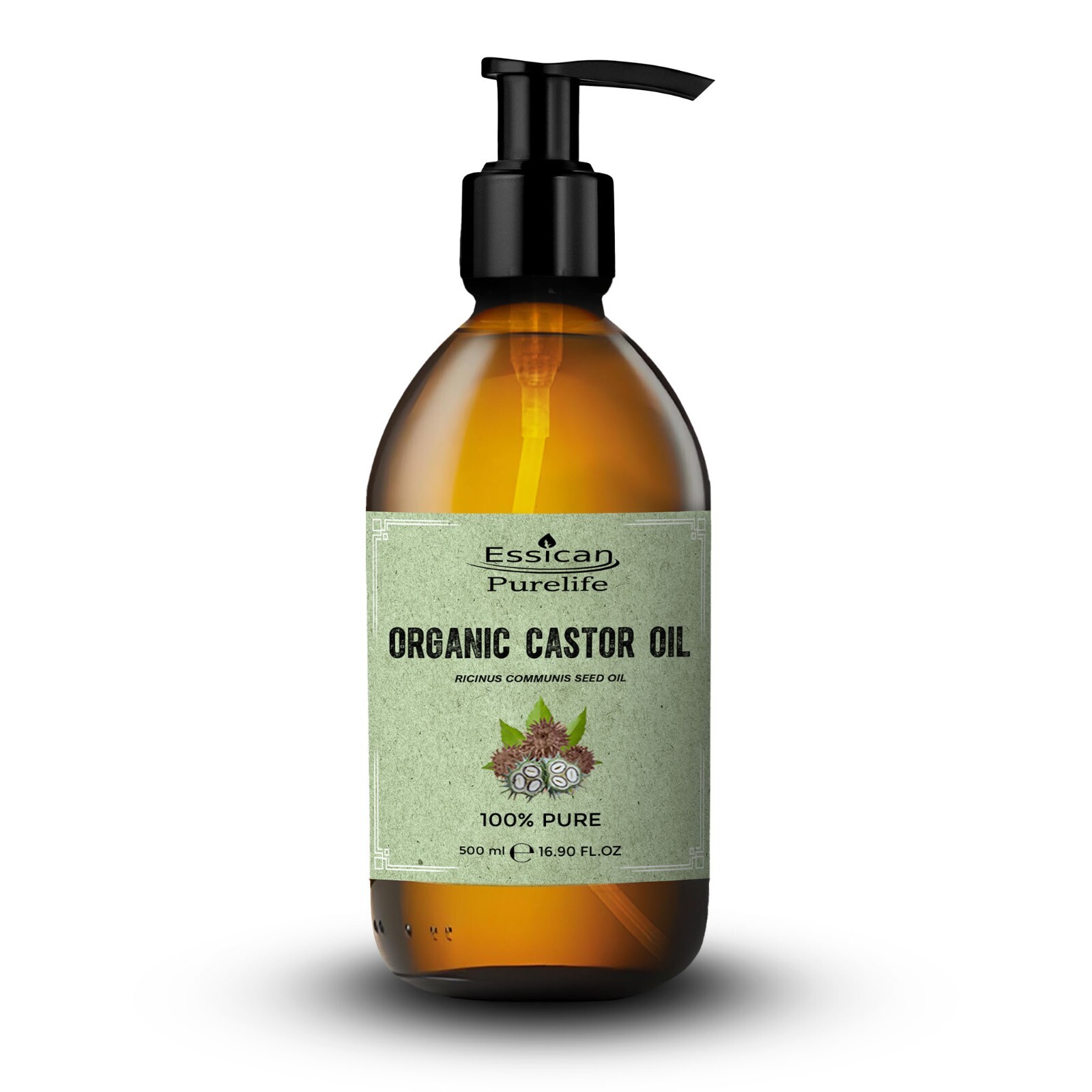 Organic Castor oil 500ml - Glass Bottle + Pump, 100% Cold pressed, Hexane Free