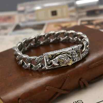 Solid 925 Sterling Silver Chain Men Pixiu Coin Curb Link Bracelet