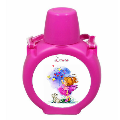rosa Trinkflasche Kind kleine Fee mit Riemen Kappe Tasse personalisiert Ref 07