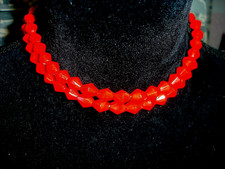 Vintage 2-Strand CHERRY RED Glass Beads Choker Necklace - Adjustable 16 1/2 Inch