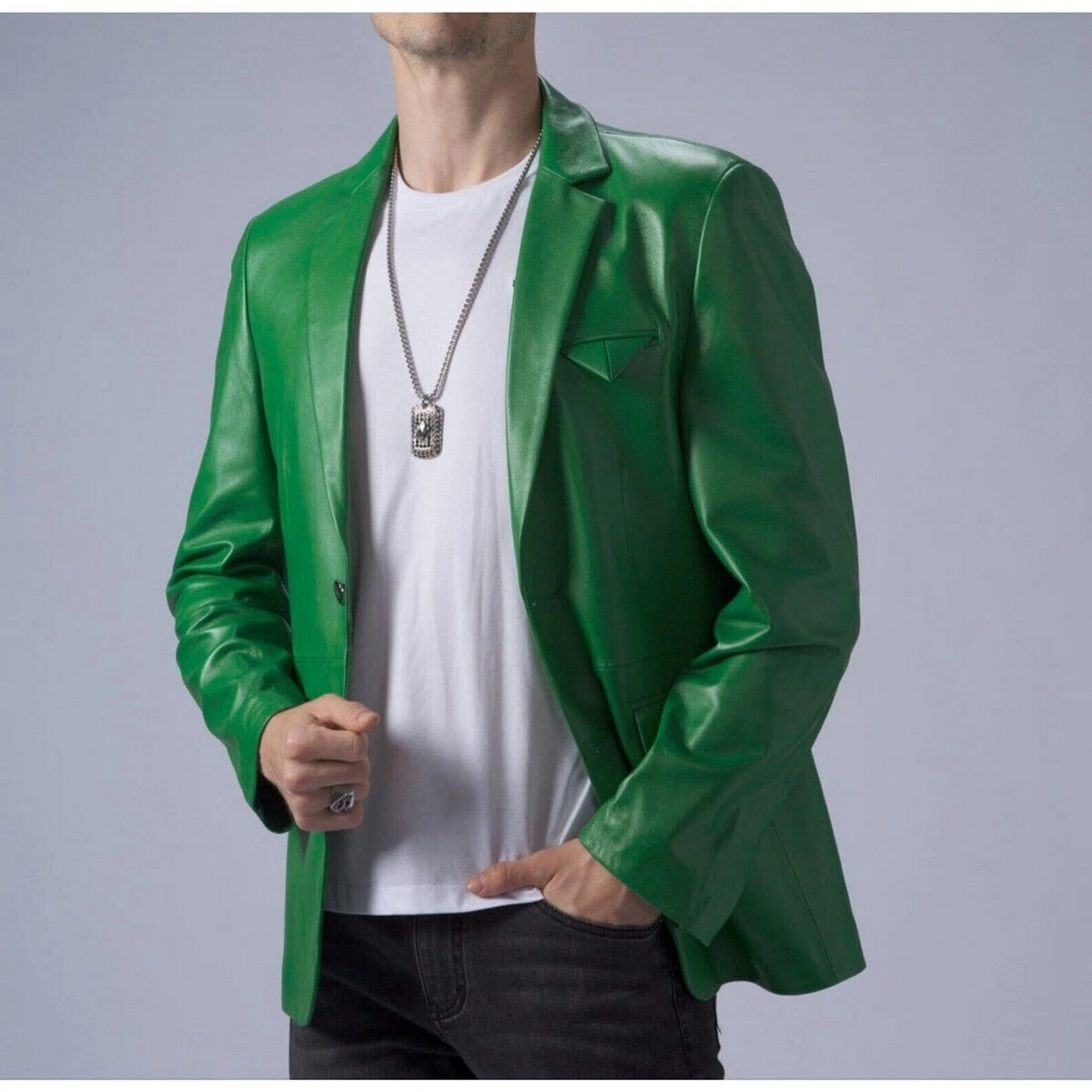 Authentic Men’s Green Leather Blazer 100% Pure Sheepskin 2 Button Coat Blazer