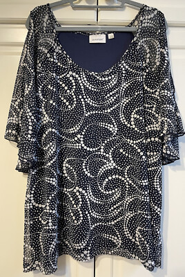 AVENUE 3/4 Slit Flared Sleeve NAVY Mesh/Chiffon Contrast Tunic Top Blouse 26/28