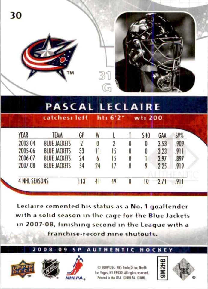 2008-09 Upper Deck SP Authentic Pascal Leclaire #30 - Image 2 of 2