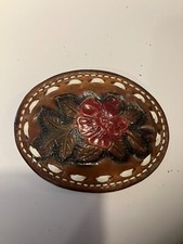 Leather Red Flower Floral Pattern Western Cowgirl VTG Belt Buckle