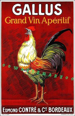 Gallus Rooster 1920 Grand Vin Wine Aperitif Bordeaux France Vintage Poster Print