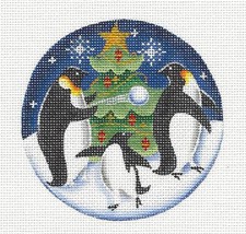 Penguin Family Snowball Toss Decorating the Tree Needlepoint Canvas Rebecca Wood
