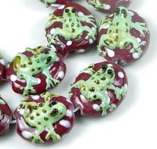 4 Lampwork Handmade Glass Green Frog Red Polka dot Beads