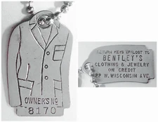 VTG Figural Charge Coin BENTLEY'S CREDIT DEP'T STORE Milwaukee WI; Jacket Shape