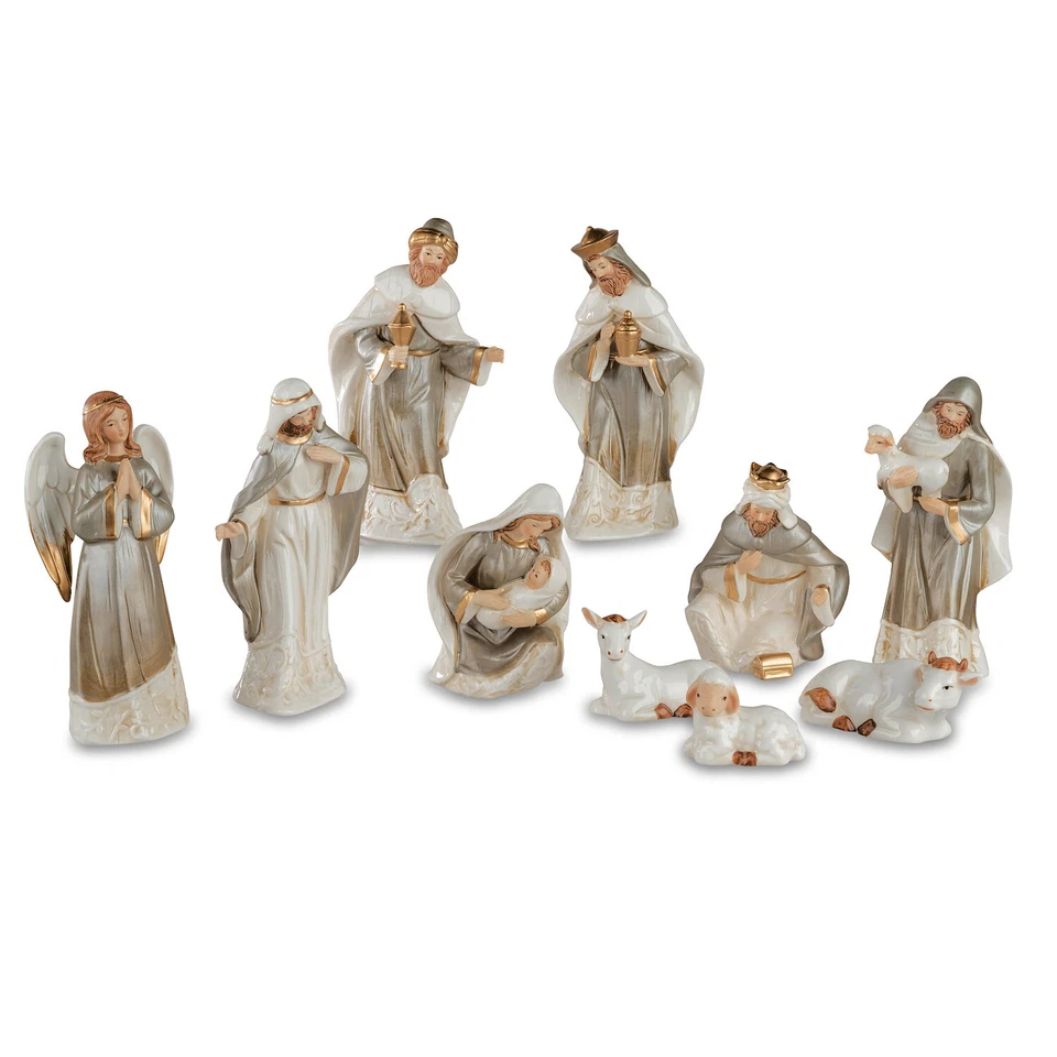 Krippenfiguren Set 10-teilig Porzellan creme-gold Heilige Familie 746856 formano