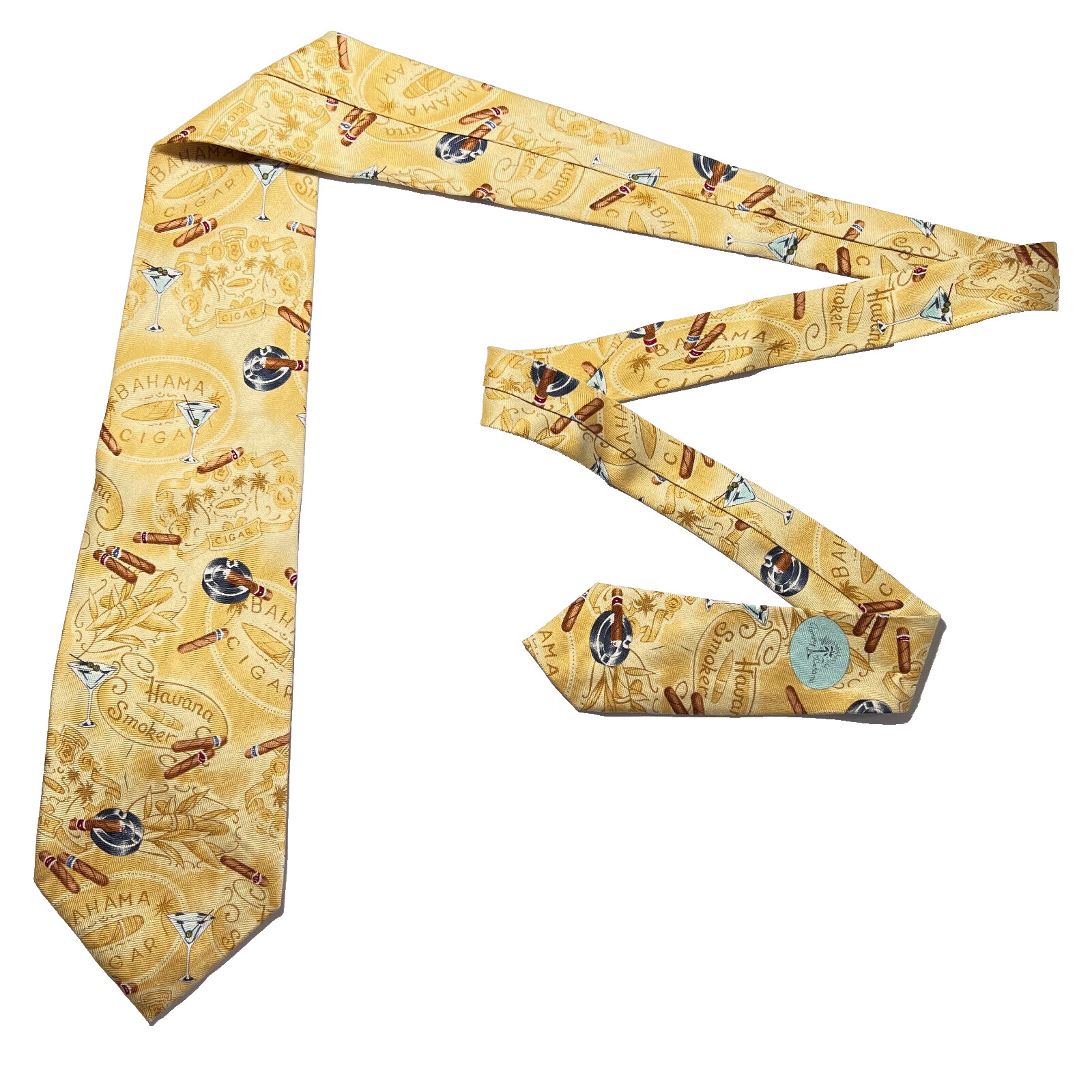 Tommy Bahama Tie Men's Gold Havana Club Tropical Print Silk Necktie Handmade