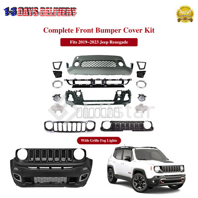 Complete Front Bumper Cover Kit W/Grille Fog Lights Fits 2019-2023 Jeep Renegade