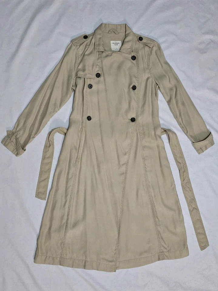 Maxi gabardina de mujer Abercrombie & Fitch beige larga clara con doble escote - L