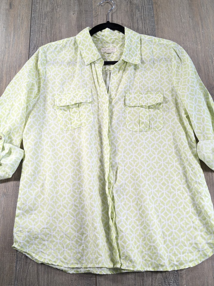 Linen Button Up Top Womens Medium Green Geometric Print Semi Sheer