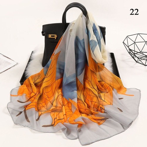 Lady Fashion Orange Multi Blue Silky Feel Scarf w/color Florals. Size 20" x 64"
