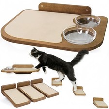 Cat Shelves Dog Proof Feeding Station Wall Mounted 3 Steps Bowl Brown Unit