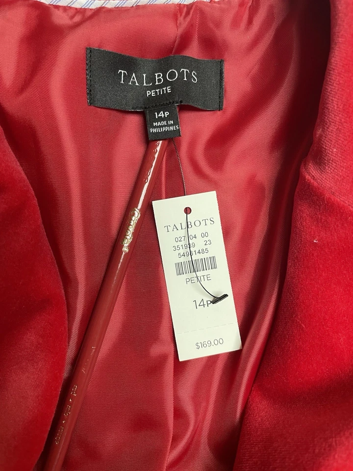 NEW $169 Talbots Blazer Size 14P Fits Like 12P Petite Red Velvet Jacket Pockets - Image 2 of 4