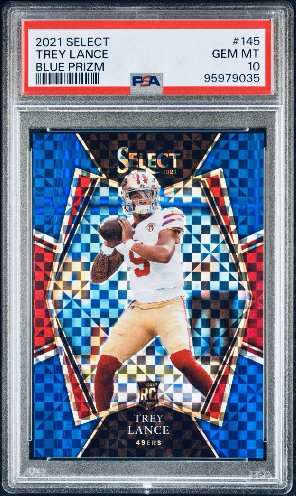 2021 Panini Select Trey Lance Blue Prizm RC #145 Premier Level /149 PSA 10 GEM