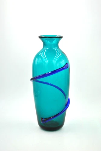 Blenko Glass Vase - Design #9907L - Teal with Applied Blue Spiral