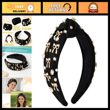 Jeweled Black Knotted Headband - Rhinestone Pearl Wide Hairband for Women, Girls