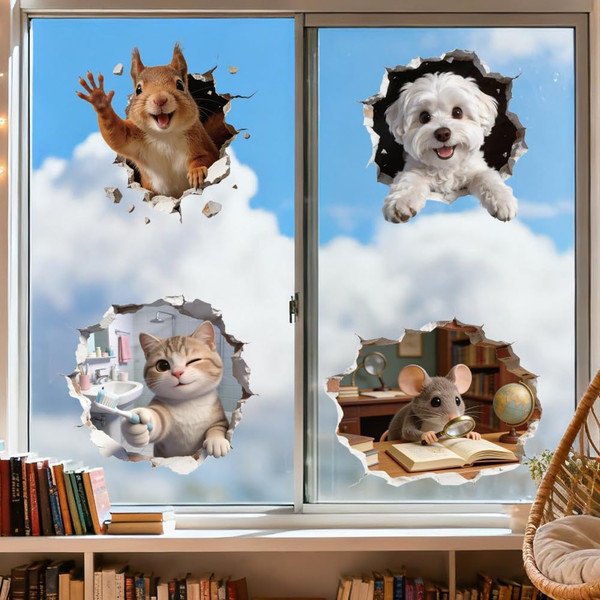 Fensterbilder Doppelseitig Gebrochene Mauer EichhöRnchen Und Katze Fensterdeko W-image