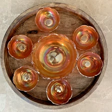 VTG 1930s Jeanette Crackle Marigold Iridescent Carnival Glass Bowl Set READ!