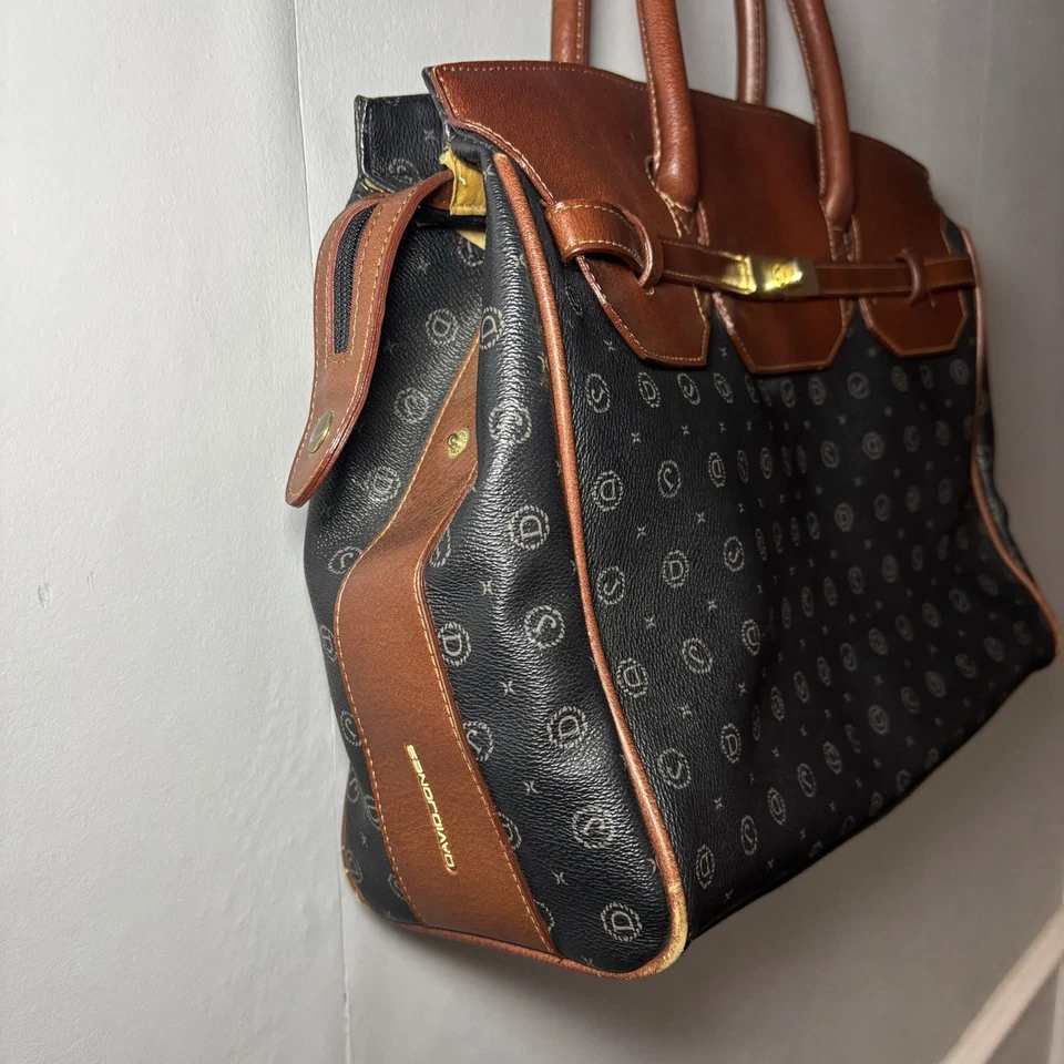 David Jones Paris Monogram Tote Bag Brown Tan Faux Leather Satchel Handbag Large - Image 2 of 4