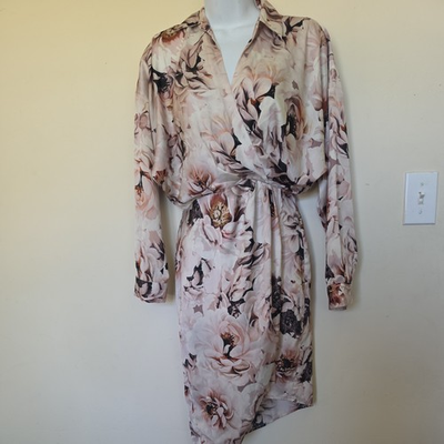#ad Express Floral A Line Dress Collared Long Sleeve Knee Length XS Pink $12.00