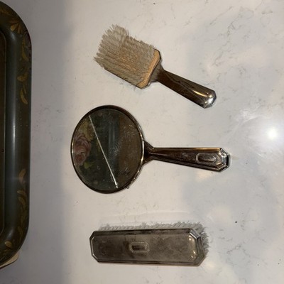 antique vanity set Silver Mirror And Two Brushes
