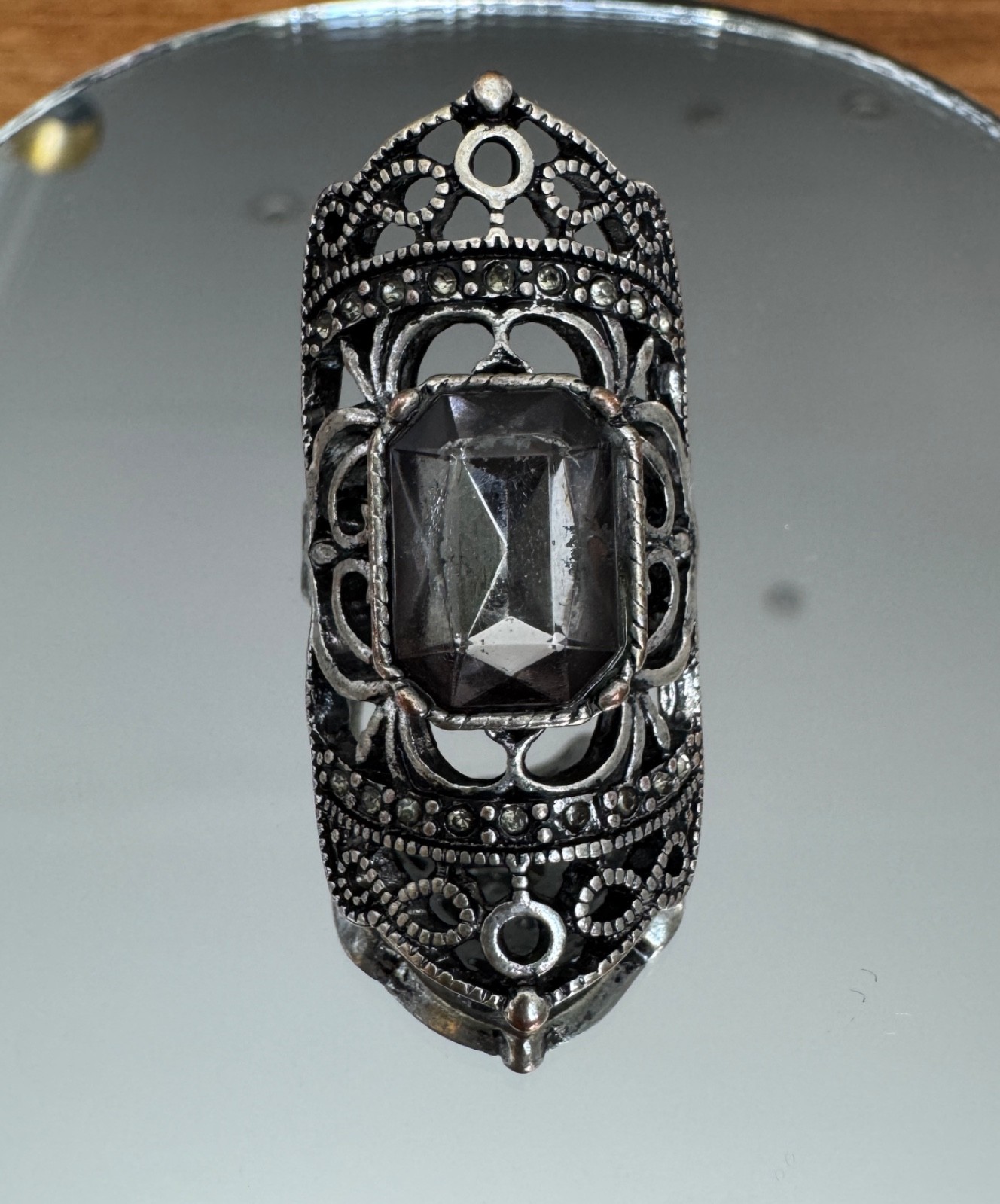 Gothic Crown Statement Ring Black Stone Gunmetal-… - image 1