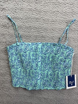 Roller Rabbit Tank Top Womens Medium Blue Floral Smocked Button Front Cami NWT