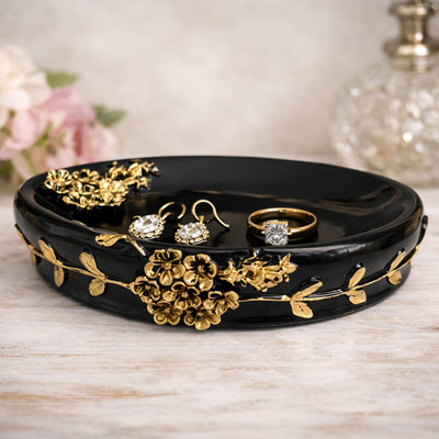 Vintage Black Art Glass Vanity Tray Gold Floral Jewelry Dish Art House Decor