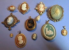 Lot of 11 Vintage Cameo Pendants Brooches Locket 