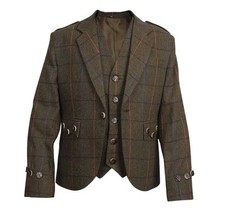Men's Scottish Argyle Brown Tweed Kilt Jacket With Waistcoat Highland jackets