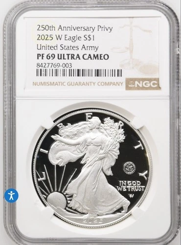 2025-W American Silver Eagle 250th Anniversary Army Privy NGC PR 69  With OGP