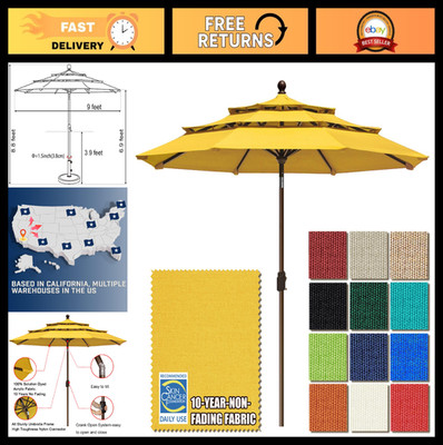 9ft 3-Tier Market Patio Umbrella - Commercial Grade, Crank Open, Windproof, UPF