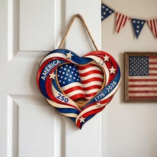 America 250 Heart Door Hanger, Patriotic Wooden Decor, 1776  2026 Anniversary Sig