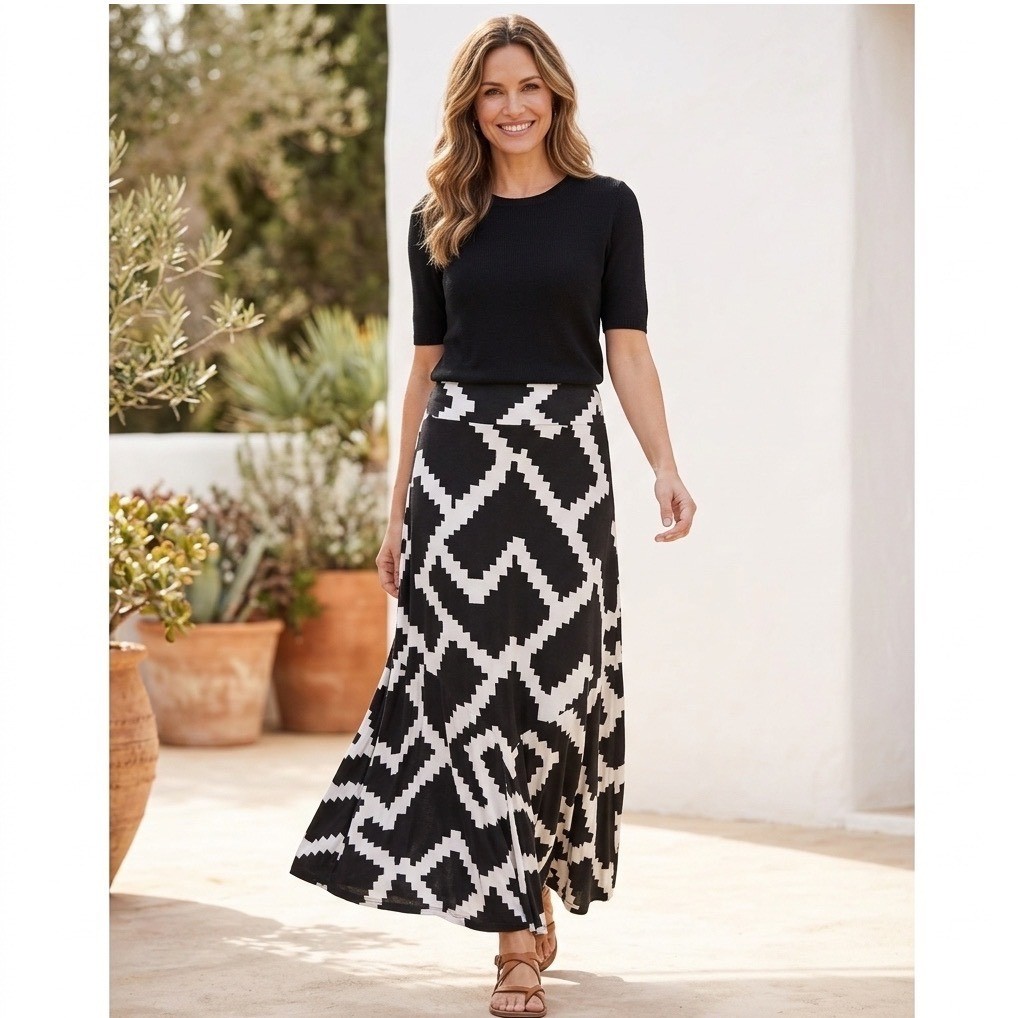 Maeve Anthropologie Black White Geometric Maxi Skirt XL Jersey Knit Ruched