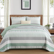 Striped Quilt Set Queen Size, Sage Green Boho Bedspread Set 3 Pieces Patchwork C