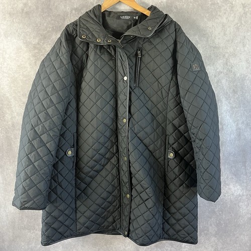 Lauren Ralph Lauren, Lauren Ralph Lauren Quilted Jacket Women XXL Black Hooded Faux Leather Trim