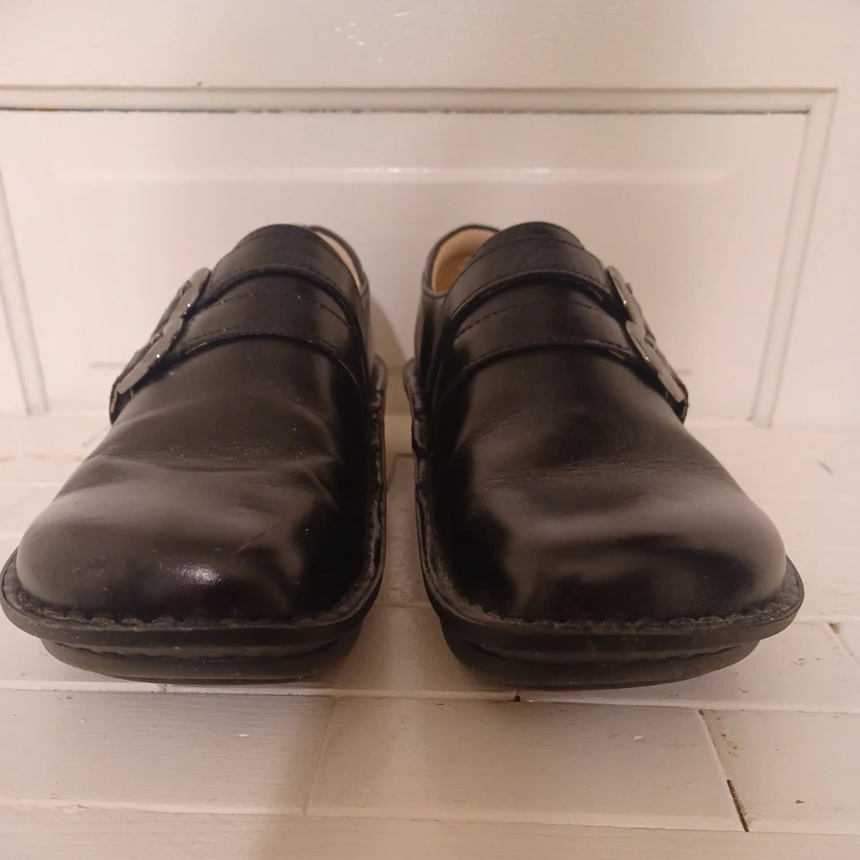 Zuecos Alegria Alli para mujer talla 38 EE. UU. 8,5 mocasines de cuero negro doble hebilla  Foto 2 de 4