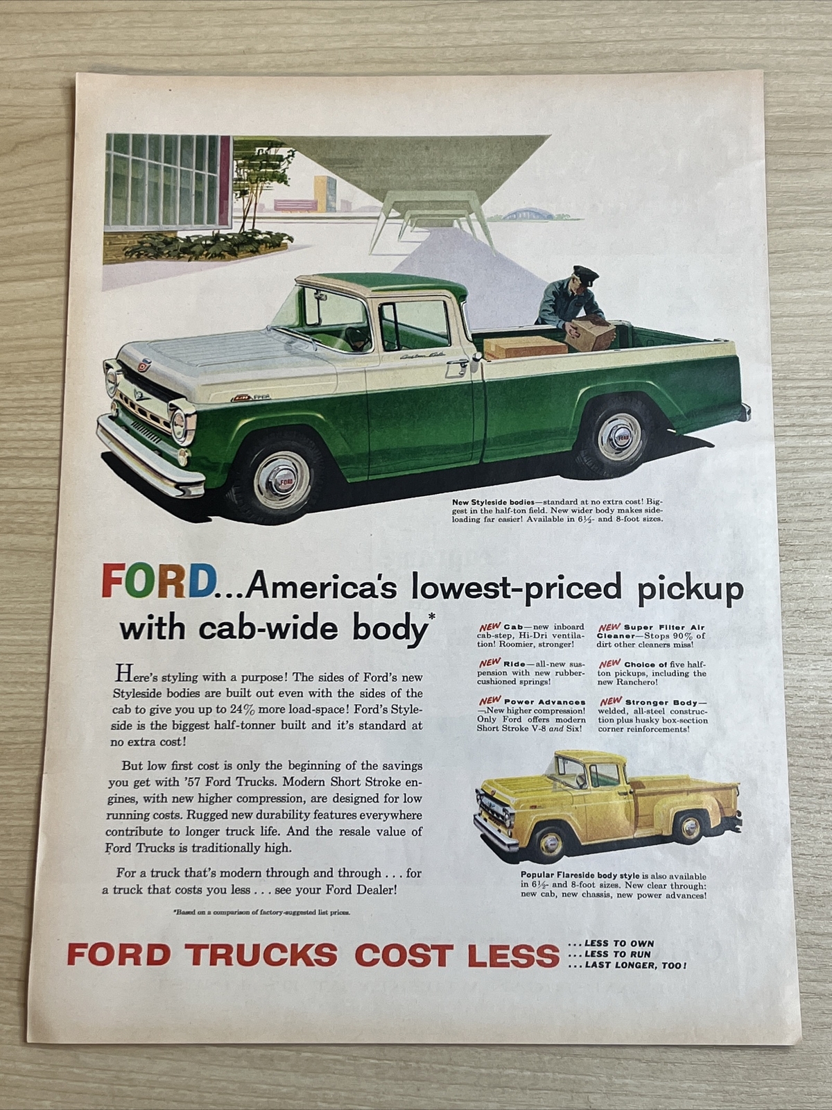 Ford Trucks Cab Wide Flareside Green Yellow 1957 Vintage Print Ad Life Magazine