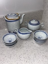 Vtg Chinese Rice Eyes Blue  White Porcelain Tea Set 13 Pieces