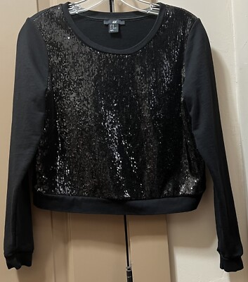 H&M Women's Black Sequin Pullover With Round Neck Long