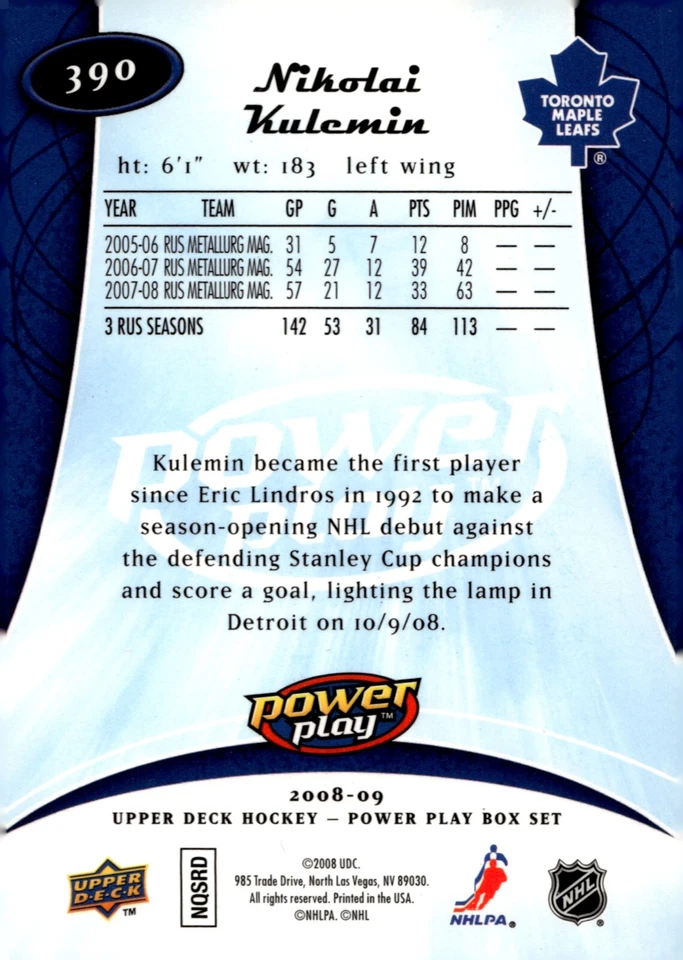 Nikolai Kulemin - Signed 2008-09 Upper Deck Power Play Rookie Card #390 - Image 2 of 2