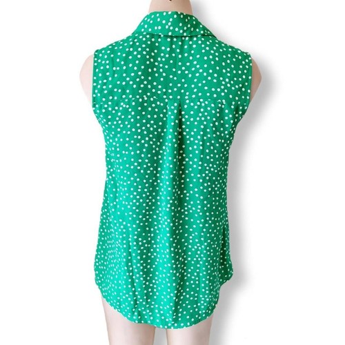 White polka dot, green, collared, chiffon, button up, sleeveless blouse top - Picture 3 of 6