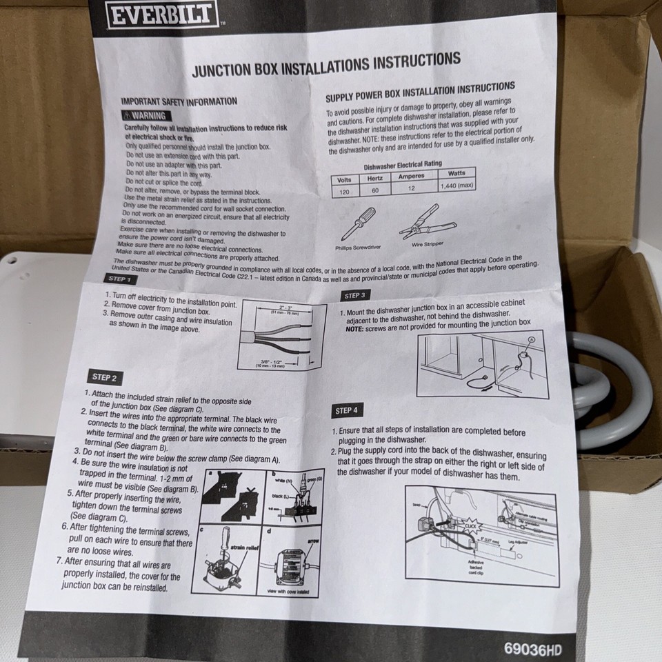 Everbilt Dishwasher Junction Box Kit for Bosch 69036HD Power cord eBay