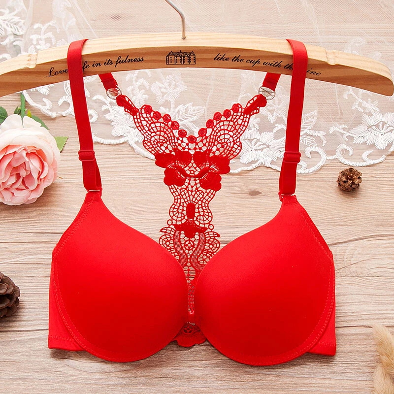 Deep plunge lace bra - Red - Ladies