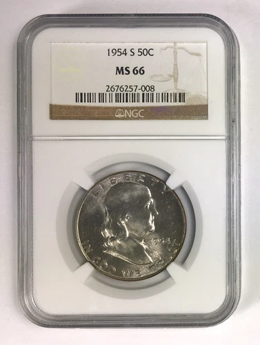 1954-S 50¢ Franklin Half Dollar – NGC MS 66 – Nice Flat Pack Toning