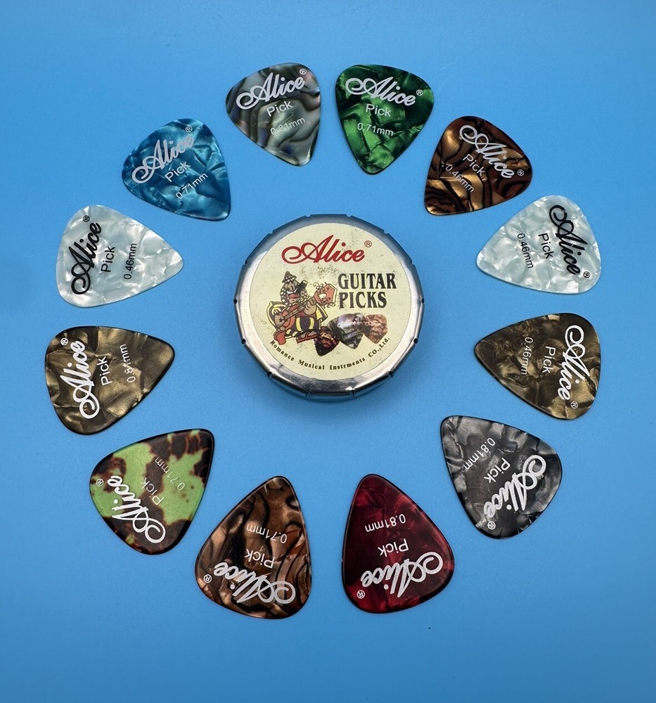 Guitar Picks Alice Variety Pack Celluloid & Small Round Tin Metal Case 12 Pack