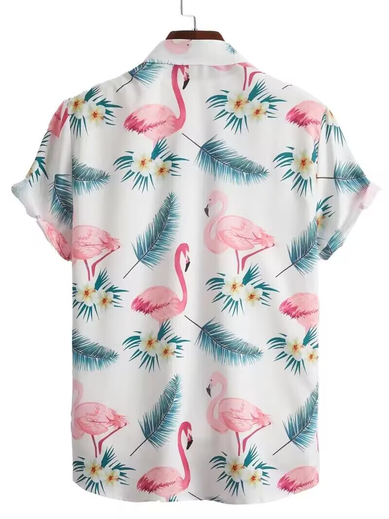 Camisa Con Solapa Abotonada Y Estampado Vibrante De Flamencos y Hojas